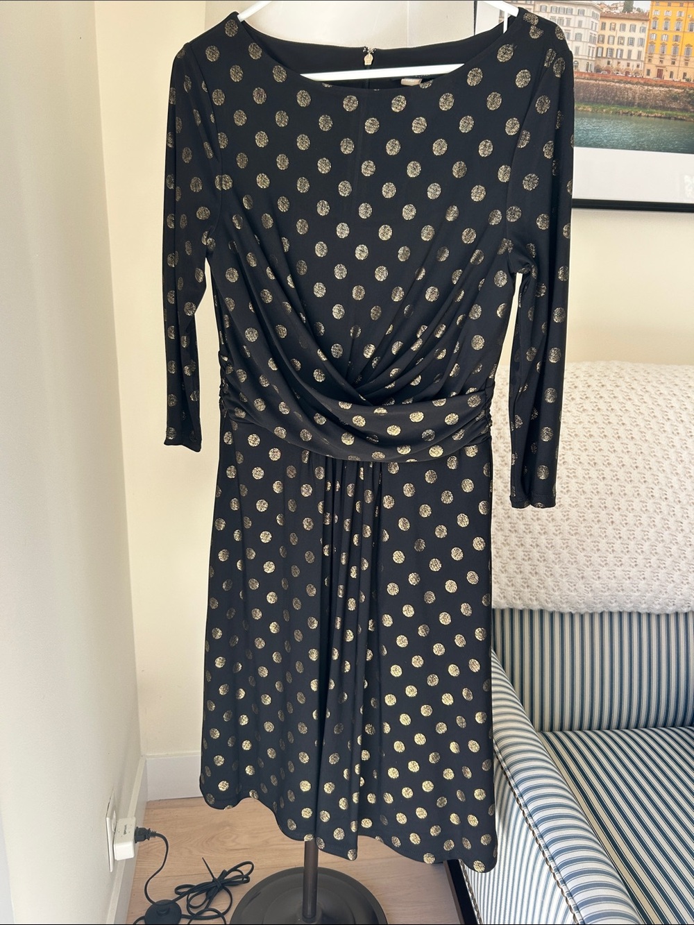Tommy Hilfiger Black Dress with Gold Polka Dots, Long Sleeve
